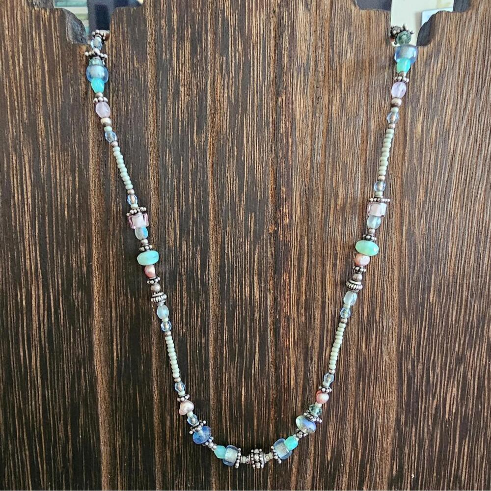 Sterling Silver Pastel Color Glass and Pearl Bead Necklace